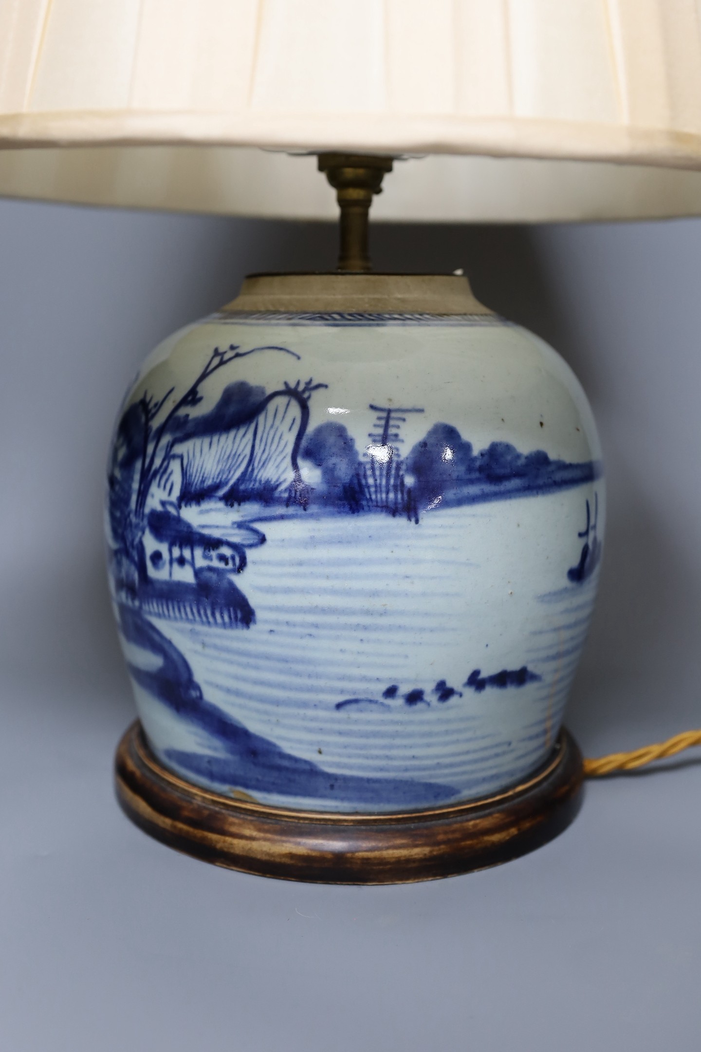 A 19th century Chinese blue and white vase converted into a lamp with shade, overall 49cm tall